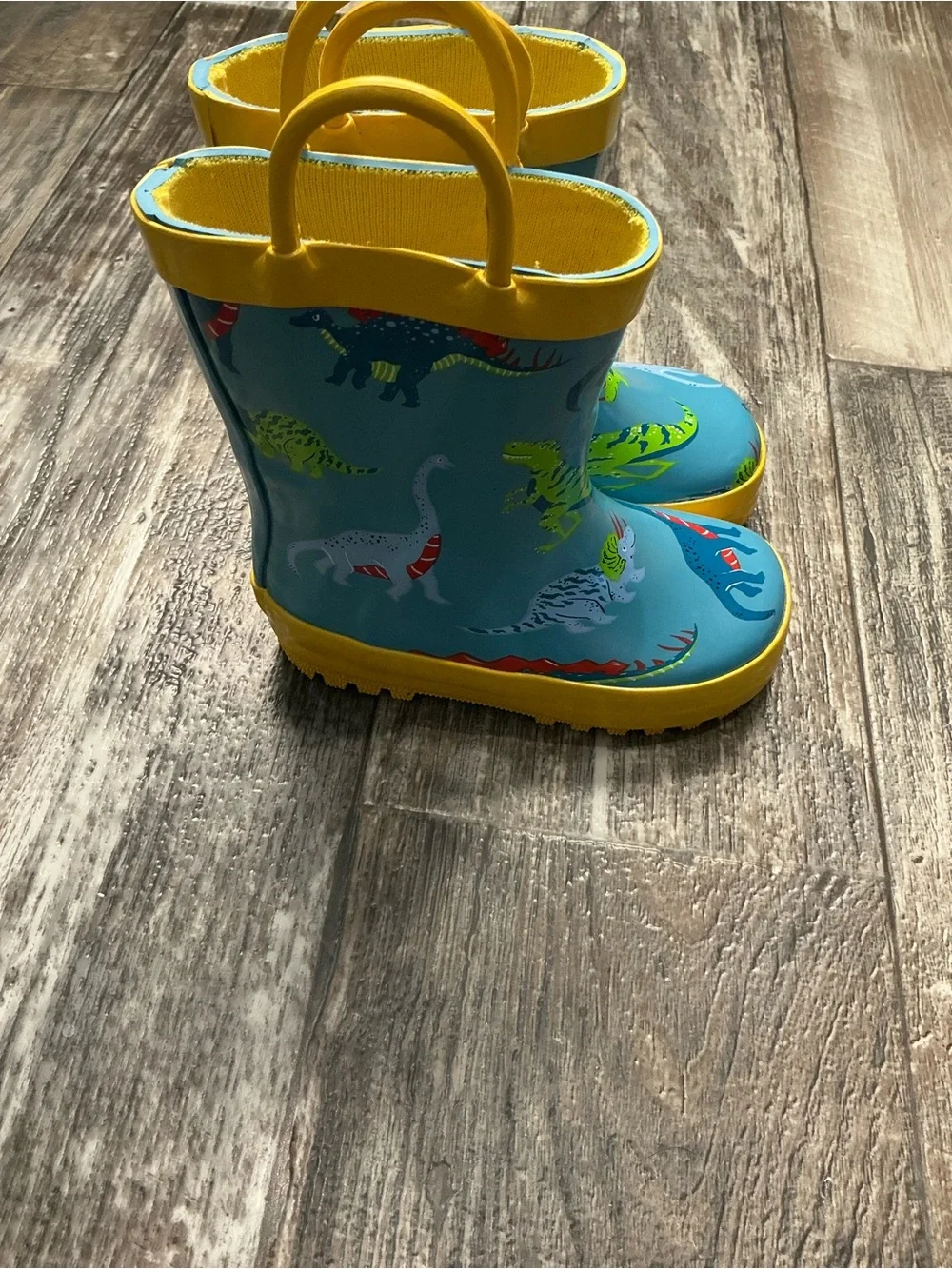 Toddler Yellow-Trim Blue Dinosaur Rain Boots Size 6